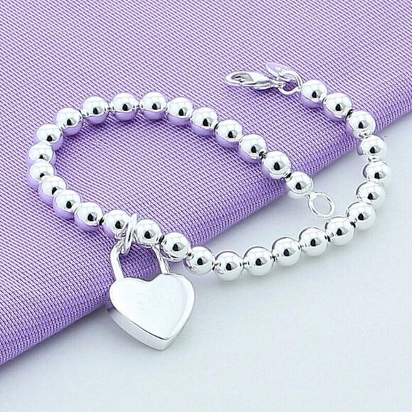 925 Sterling Silver Heart Lock Bead Bracelet 7'' long lobster closure - Picture 6 of 6